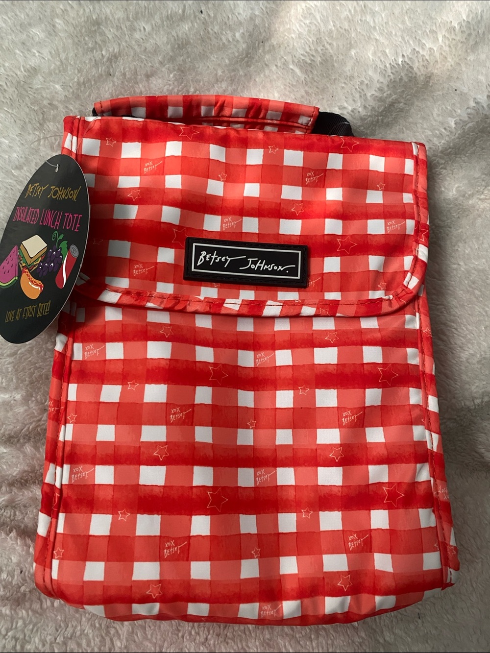 Betsey Johnson Flap Top Insulated Lunch Tote “Red & White Checks”